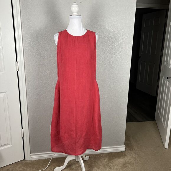 Q'Neel Nordic Design Linen Sleeveless Midi Dress Size 6 Coral Pockets Lagenlook - Picture 2 of 10